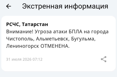 Угроза атаки БПЛА на города Чистополь, Альметьевск, Бугульма и Лениногорск отменена